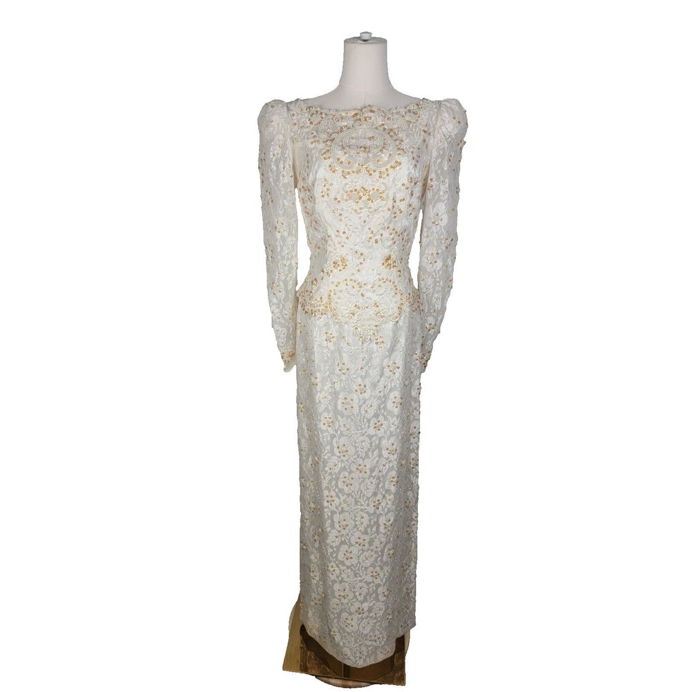 Nina Bellucci Beaded Lace Wedding Gown Ivory Open Back Bow Dress Sz 10 (Sm/Med) - Picture 2 of 16